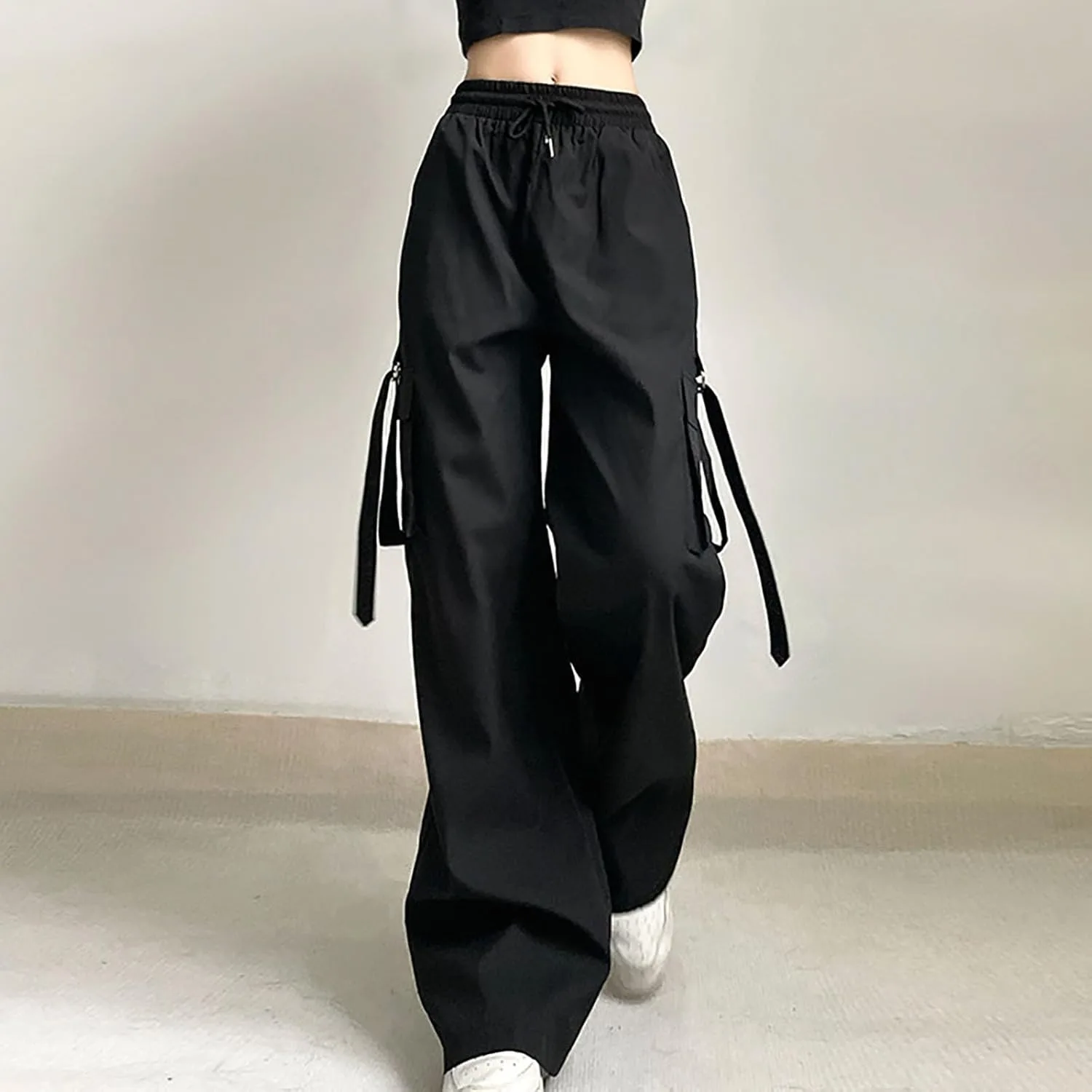 Женские прямые широкие брюки Parachute Cargo Pants Y2K для подростков в стиле стритвир с низкой посадкой, мешковатые на шнурке Generic, черный — фото 2