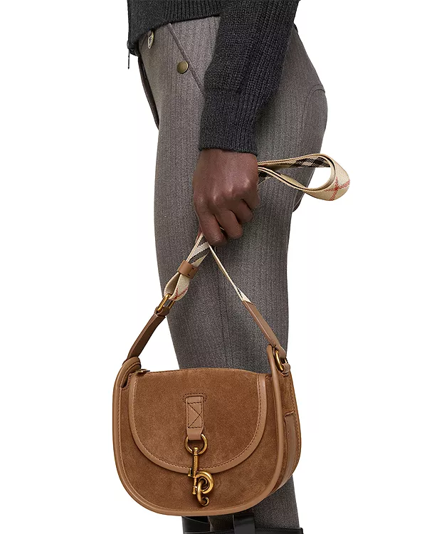 Миниатюрная замшевая сумка-мессенджер Burberry B Clip, коричневая — фото 2