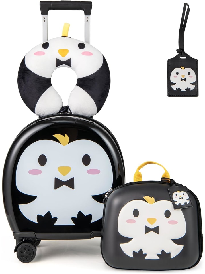

COSTWAY Детский набор из 4 предметов: чемодан и рюкзак, подушка для шеи и бирка для багажа, черный цвет
