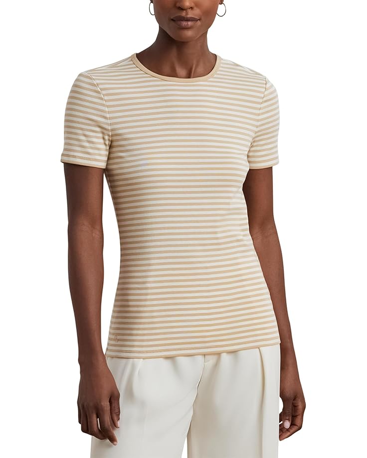 

Футболка Lauren Ralph Lauren Petite Striped Stretch Cotton Crew Neck Tee, цвет Sand Dune/Mascarpone Cream