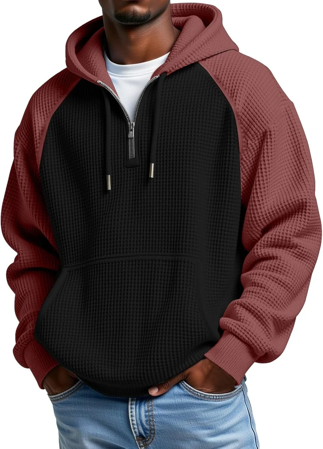 

Свитшот с молнией на четверть для мужчин, вафельная вязка, длинный рукав, воротник-стойка, оверсайз