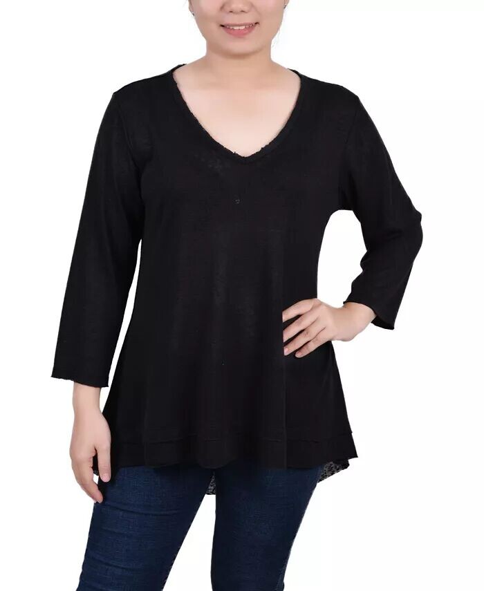 

Миниатюрный топ с V-образным вырезом и рукавами 3/4 NY Collection, черный