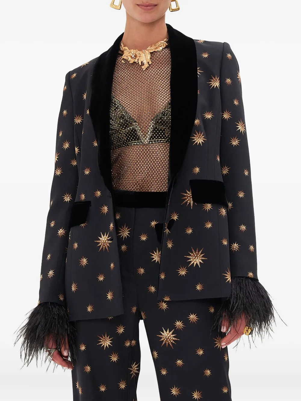 

Блейзер с принтом в виде звезд и перьями на манжетах Camilla, черный