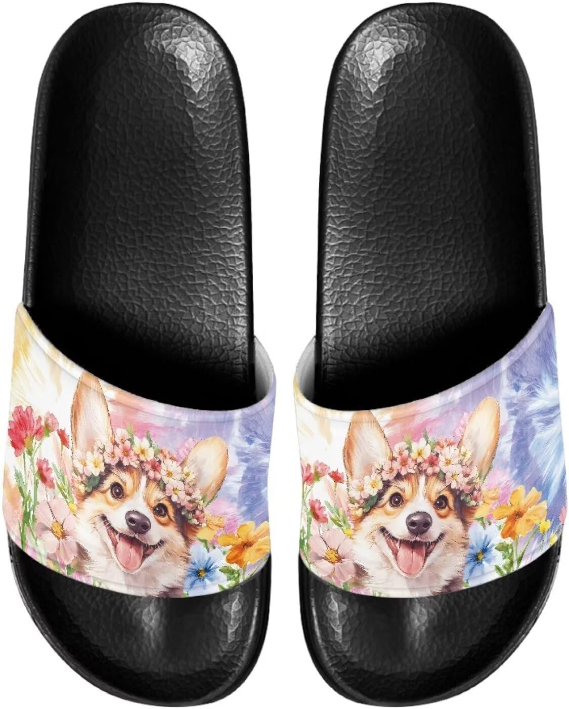 

Женские тапочки JUDENTIDOS с открытым носком, нескользящей подошвой, однотонной застежкой и мягкой плоской подошвой, Funny Corgi Floral
