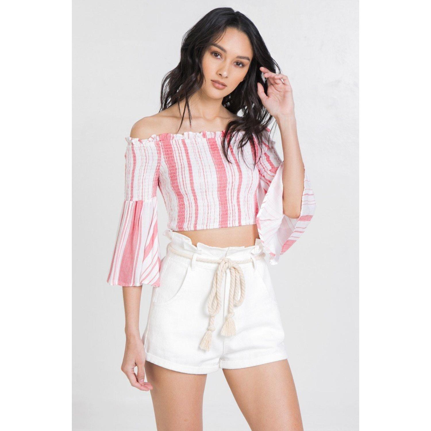 

Укороченный топ из марли с открытыми плечами в полоску FASHNZFAB, слоновая кость/красный