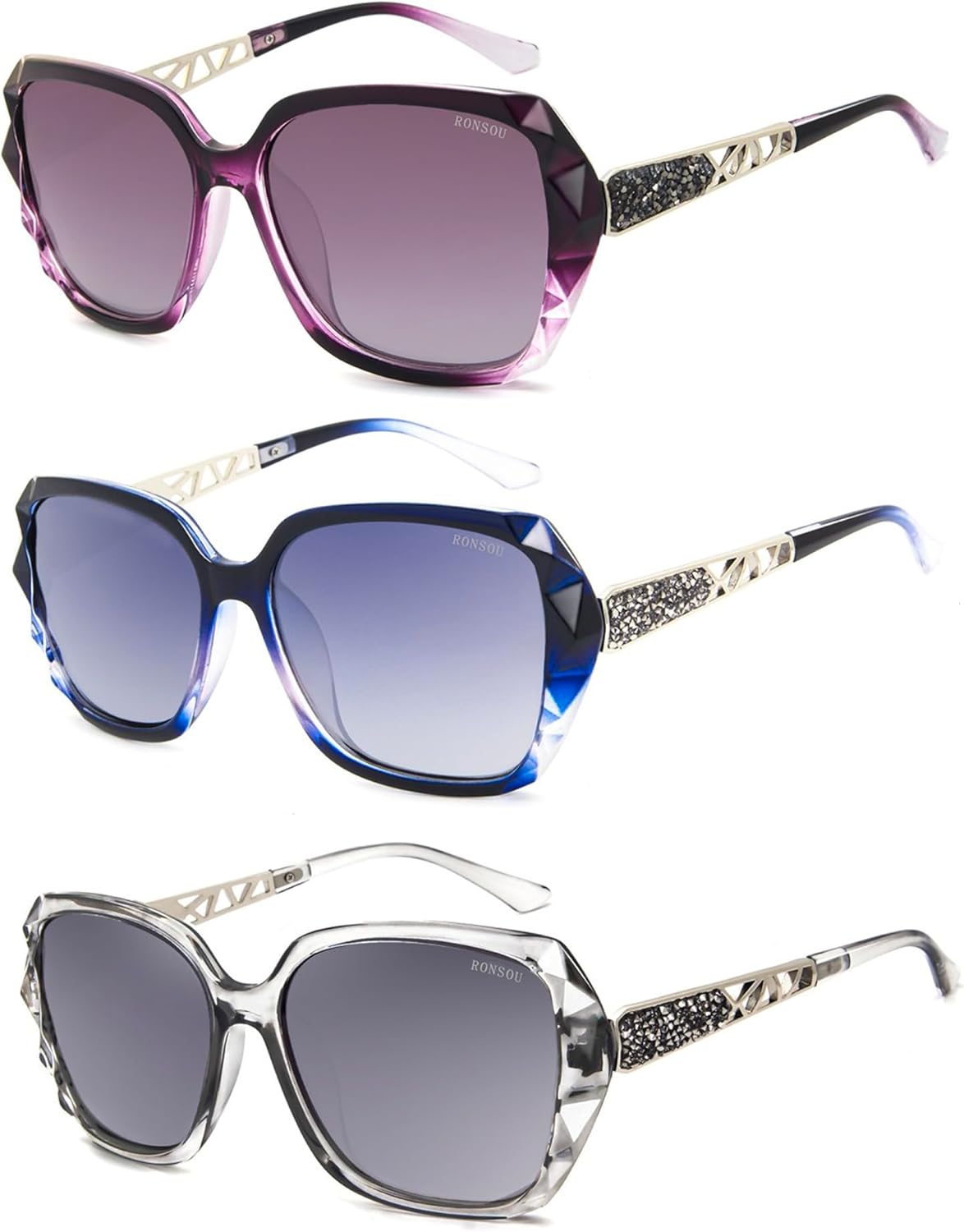 

RONSOU Модные солнцезащитные очки для женщин, увеличенного размера, поляризованные, с защитой от УФ-излучения, винтажные классические солнцезащитные очки для женщин, A8 3pcs Purple + Blue/Grey + Clear Grey