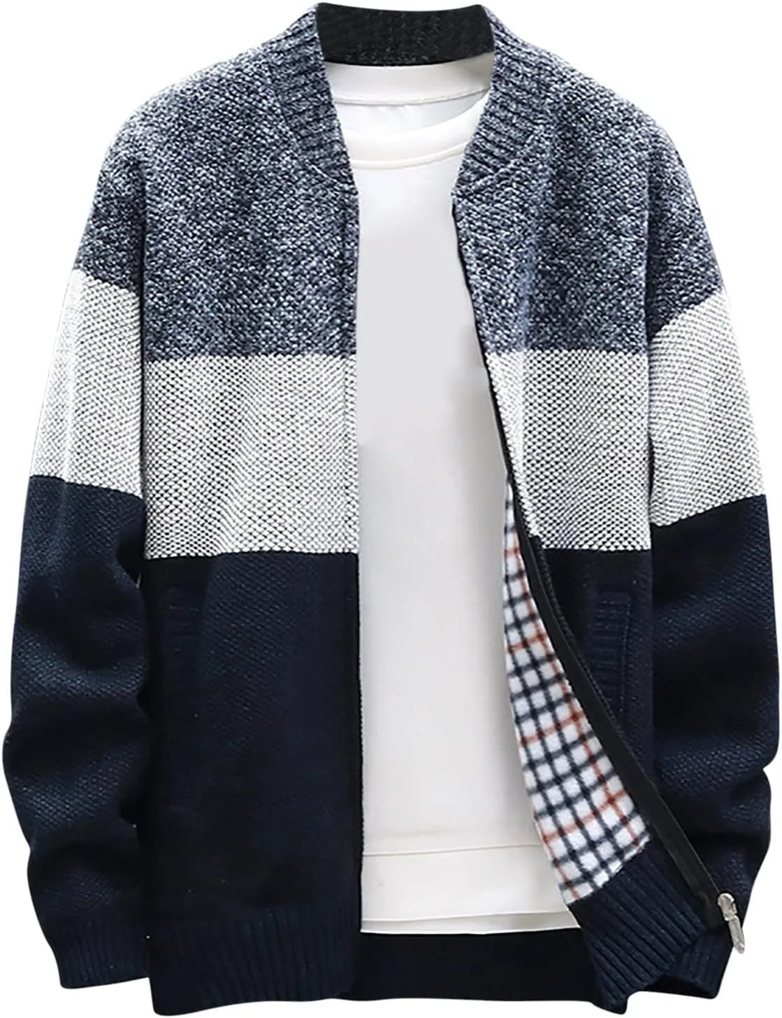 Мужской кардиган на молнии с флисовой подкладкой, вязаный свитер в клетку с воротником-стойкой, повседневное теплое пальто, стандартный крой, трикотажная одежда Generic, Navy484