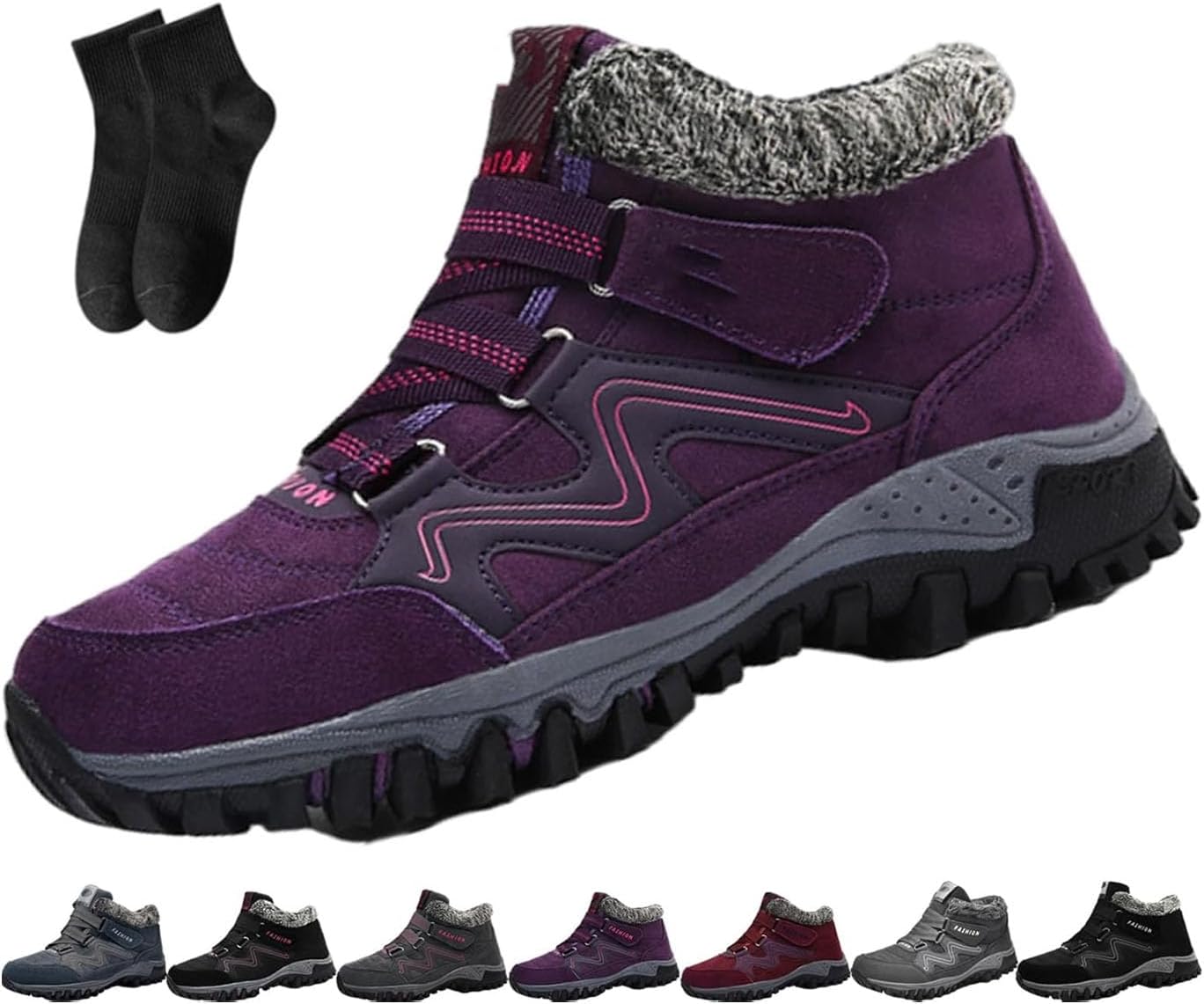 

Зимние теплые ботинки для женщин/мужчин NoworFewer, женская зимняя ортопедическая водонепроницаемая обувь с флисовой подкладкой, утолщенным утеплителем, меховой подкладкой для улицы и походов, ботильоны, пурпурный