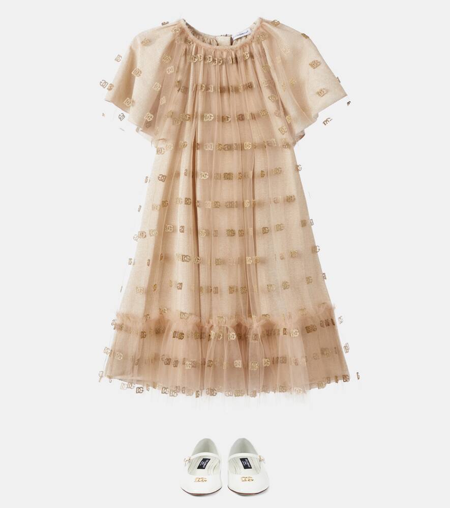 Платье из тюля с вышитым логотипом и рюшами Dolce&Gabbana Kids, Oro — фото 2