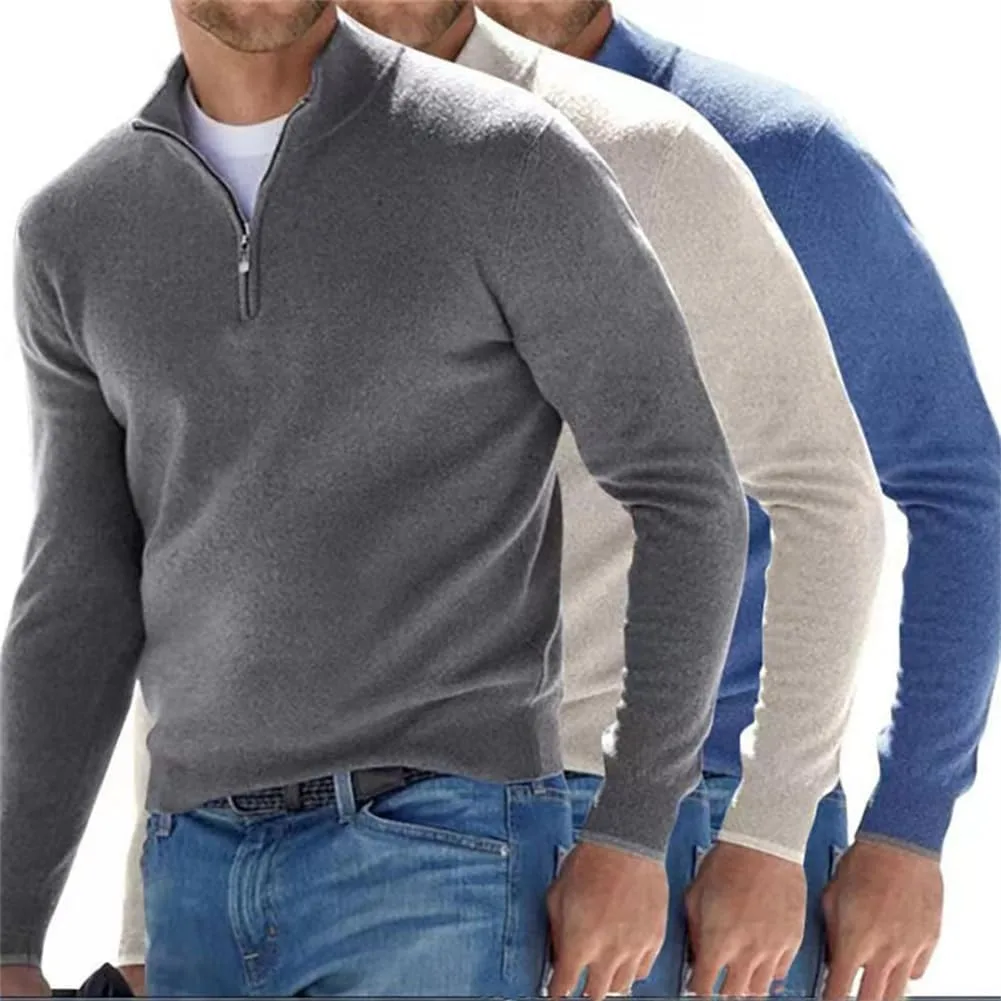Мужской пуловер с четвертью молнии, Slim-fit легкий вязаный свитер — фото 3