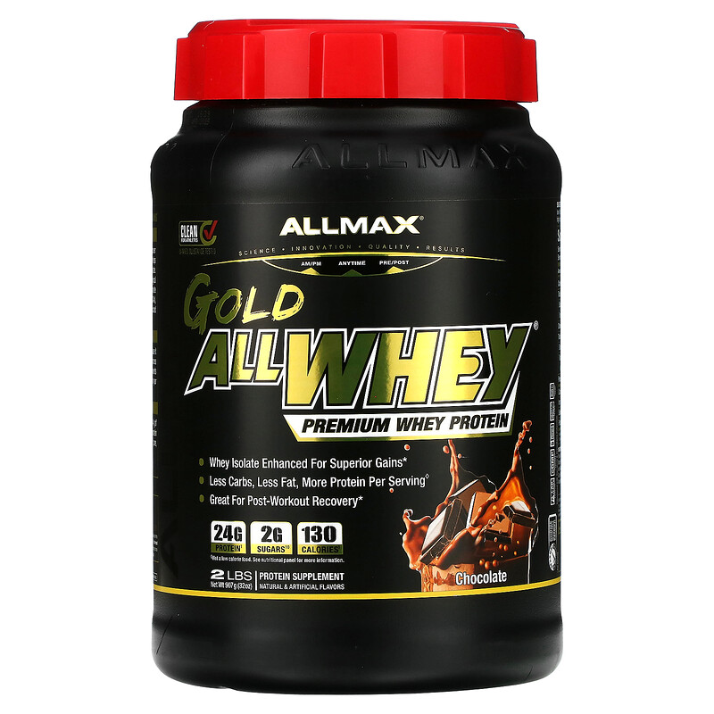 

ALLMAX, AllWhey Gold, 100 % сывороточный белок + изолят сывороточного белка премиум-качества, со вкусом шоколада, 907 г (2 фунта)
