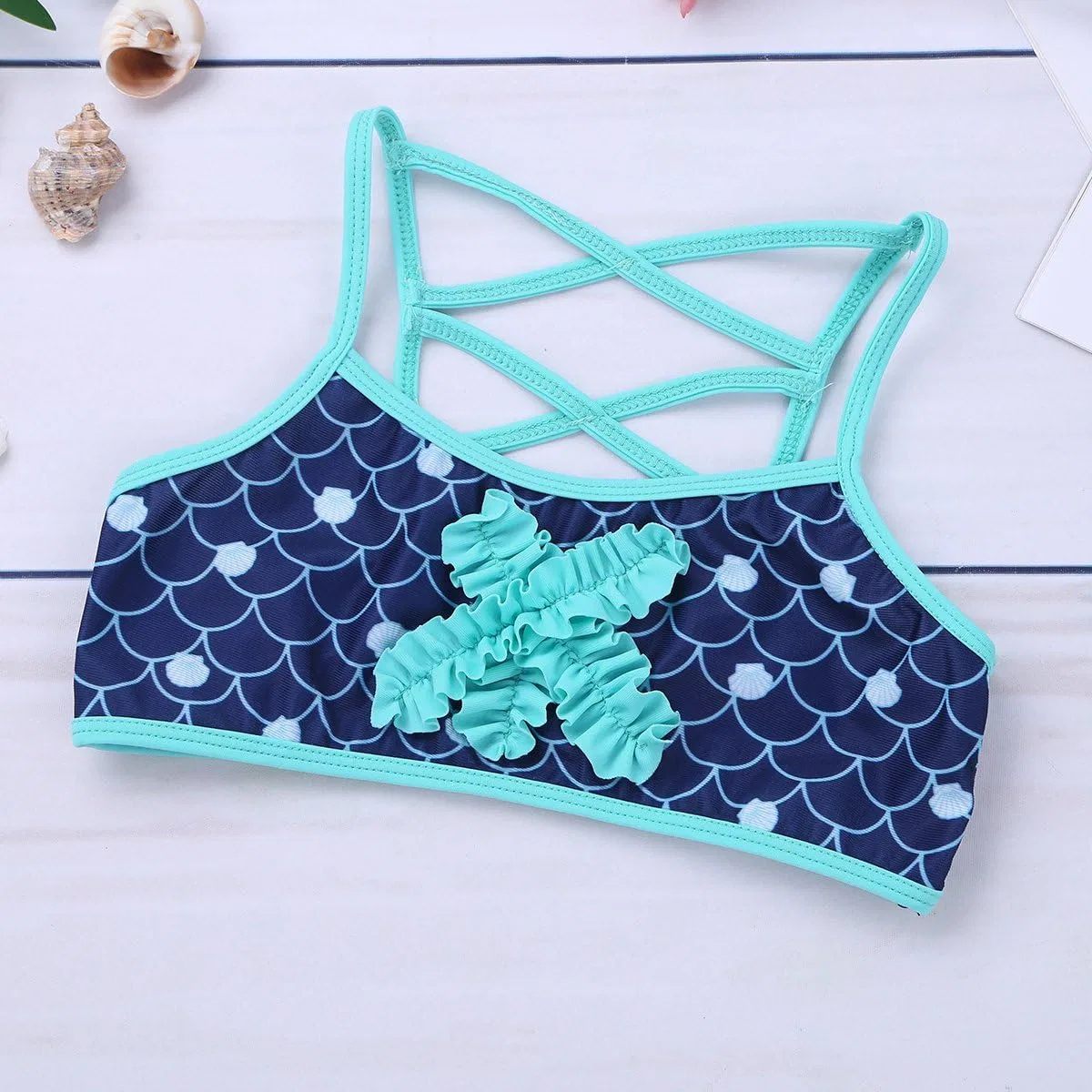 Детский купальник-танкини для девочек iiniim в стиле русалки, состоящий из двух частей: купальника и бикини, темно-синий — фото 4