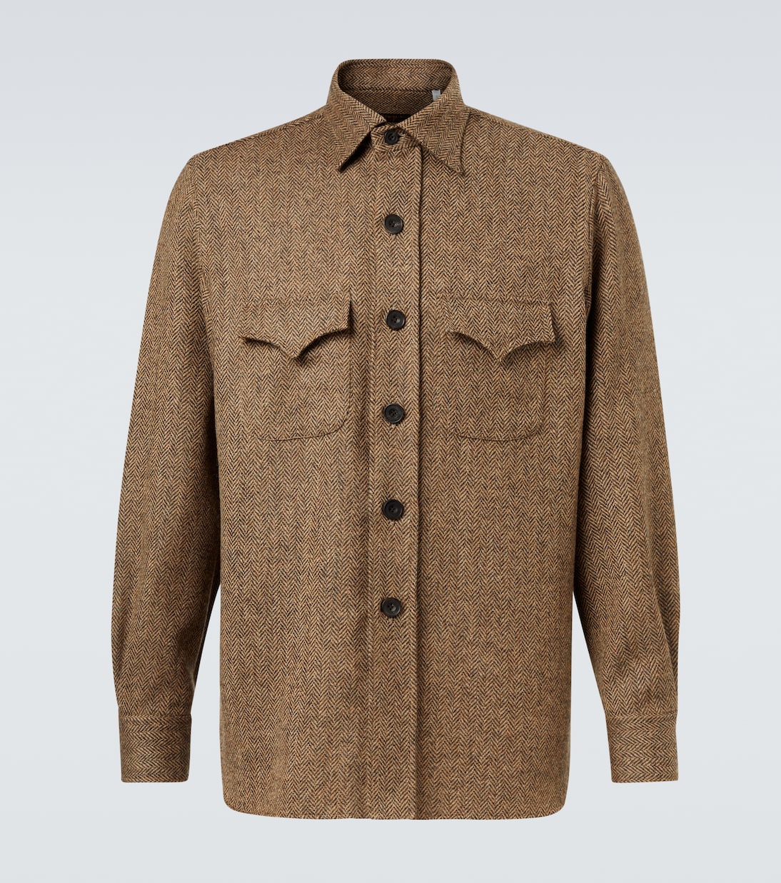 

Шерстяная рубашка в стиле вестерн с узором елочка Rubinacci, Brown Herringbone