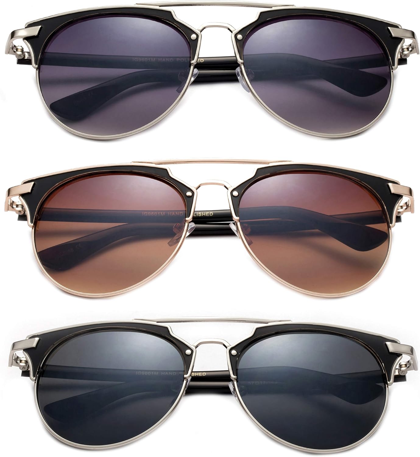 

Набор из 3 двухцветных круглых солнцезащитных очков-авиаторов в металлической оправе с двойной перемычкой для женщин и мужчин Newbee Fashion, 3 Pack Purple, Smoke & Brown