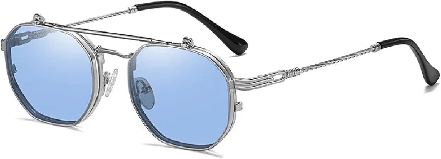 

Солнцезащитные очки в стиле металл-панк для мужчин и женщин, с откидными линзами и прозрачными линзами Ocean Lens, солнцезащитные очки с защитой от УФ-излучения UV400 DSVIGF, Silver Blue