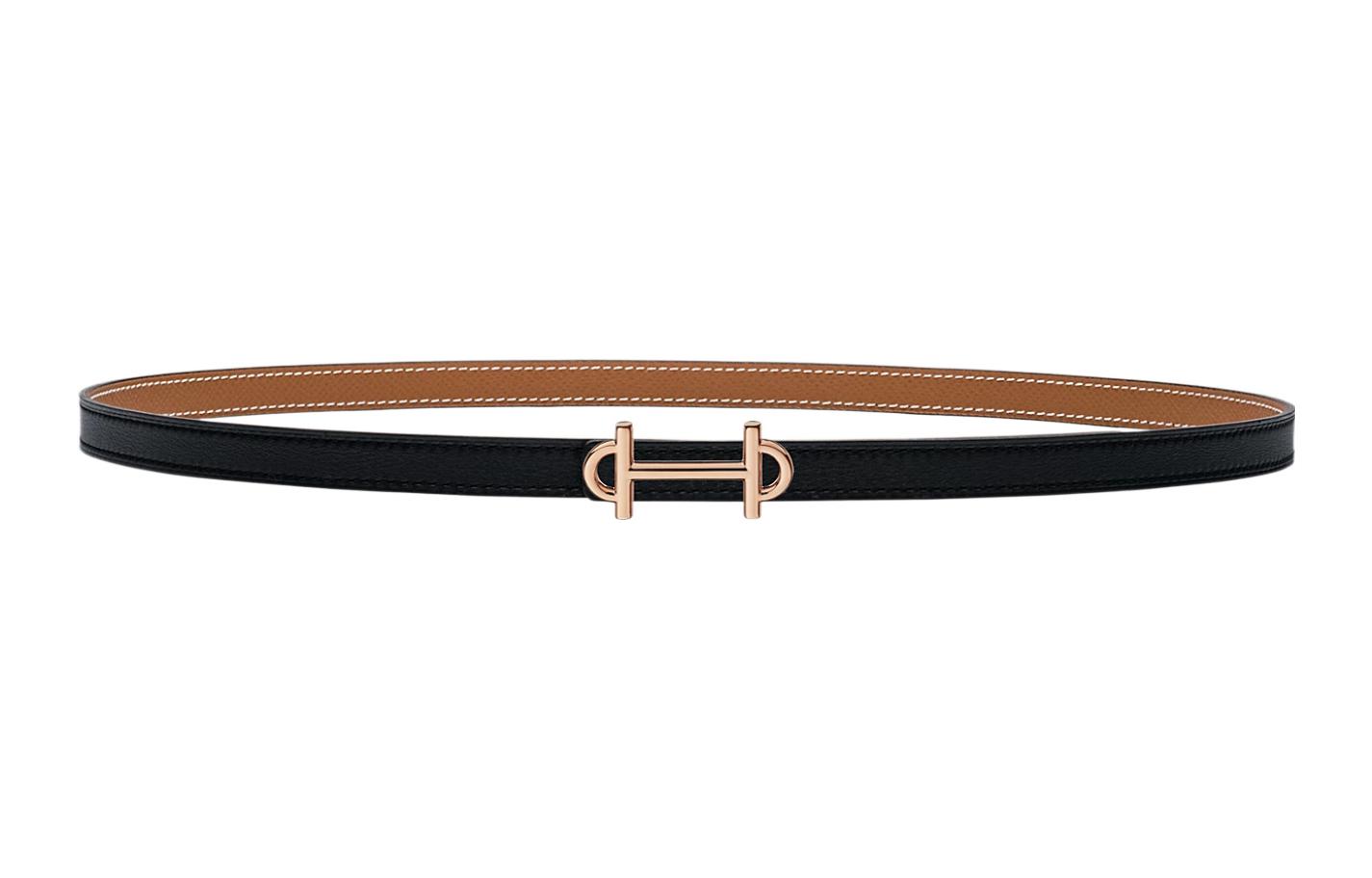 

HERMES Ремень Gamma Двусторонний из телячьей кожи Epsom с золотой пряжкой, черный, женский, ширина 1,3 см