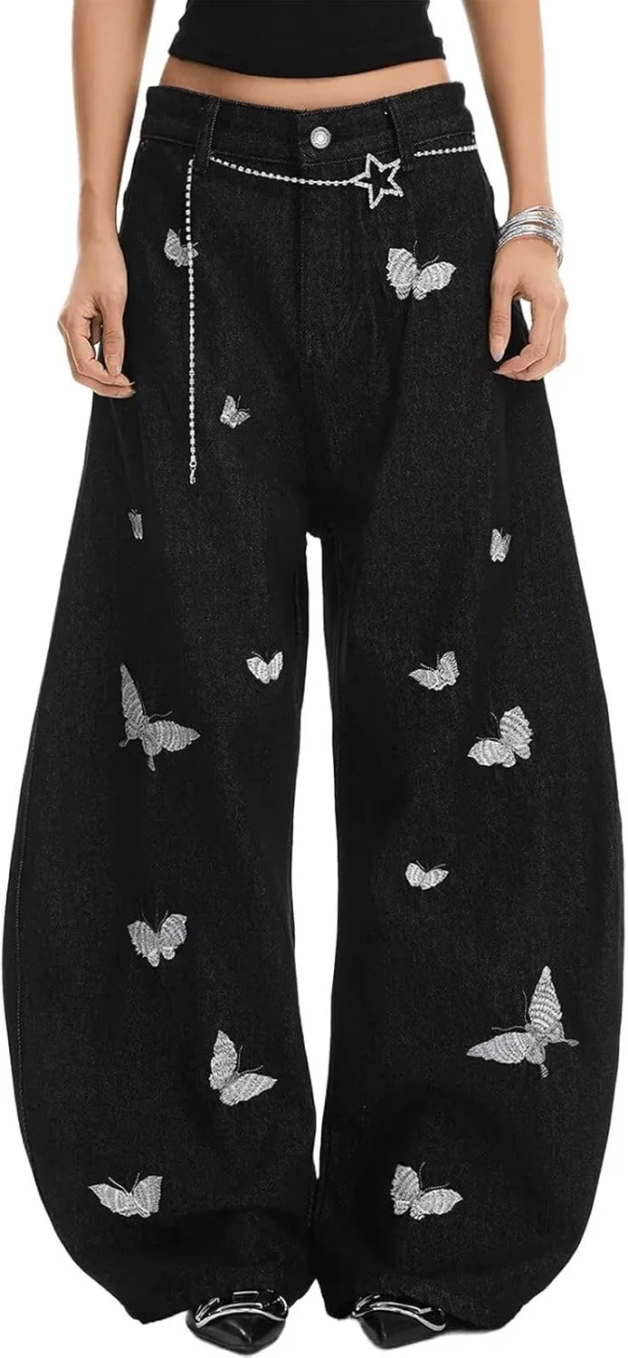 

Джинсы женские High Waisted Baggy Flare с вышивкой Butterfly черные FEUSEUZ
