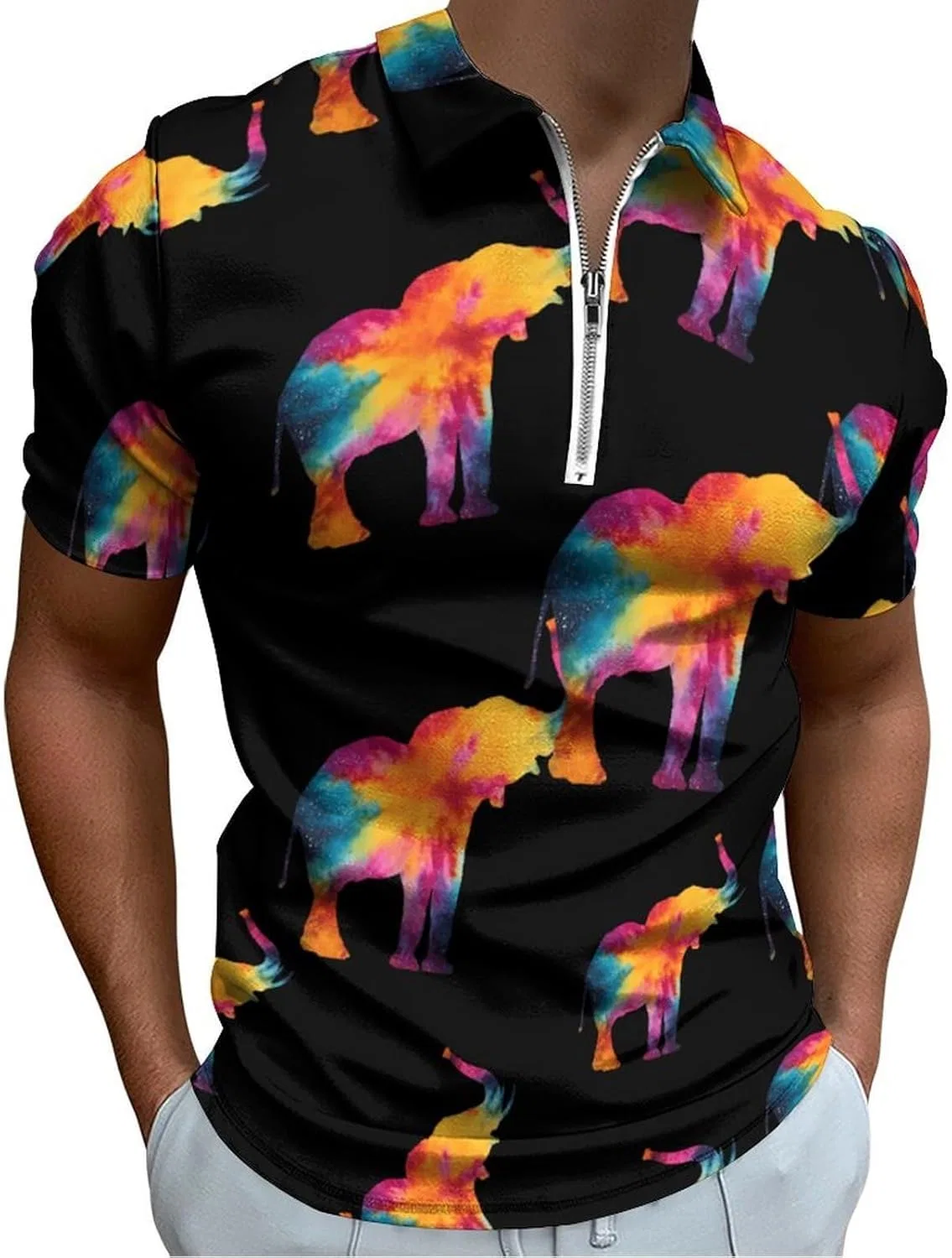 Мужское поло с коротким рукавом, полузастежка на молнии, Generic, Tie-Dyed Elephant, Style