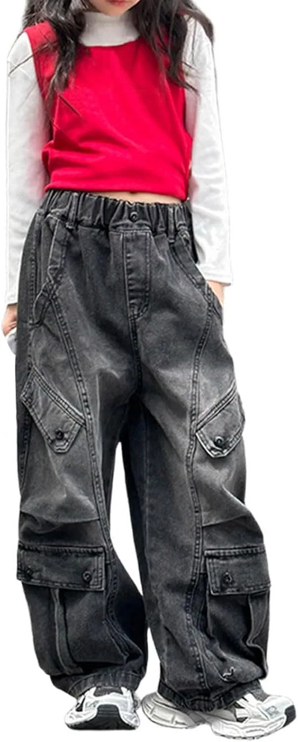 Джинсы для девочек свободные, Wide Leg, Black