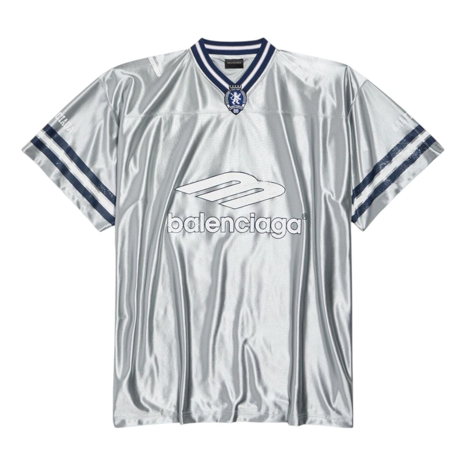 

Футболка Balenciaga 3B Football с V-образным вырезом, блестящая, оверсайз, цвет «серый белый»