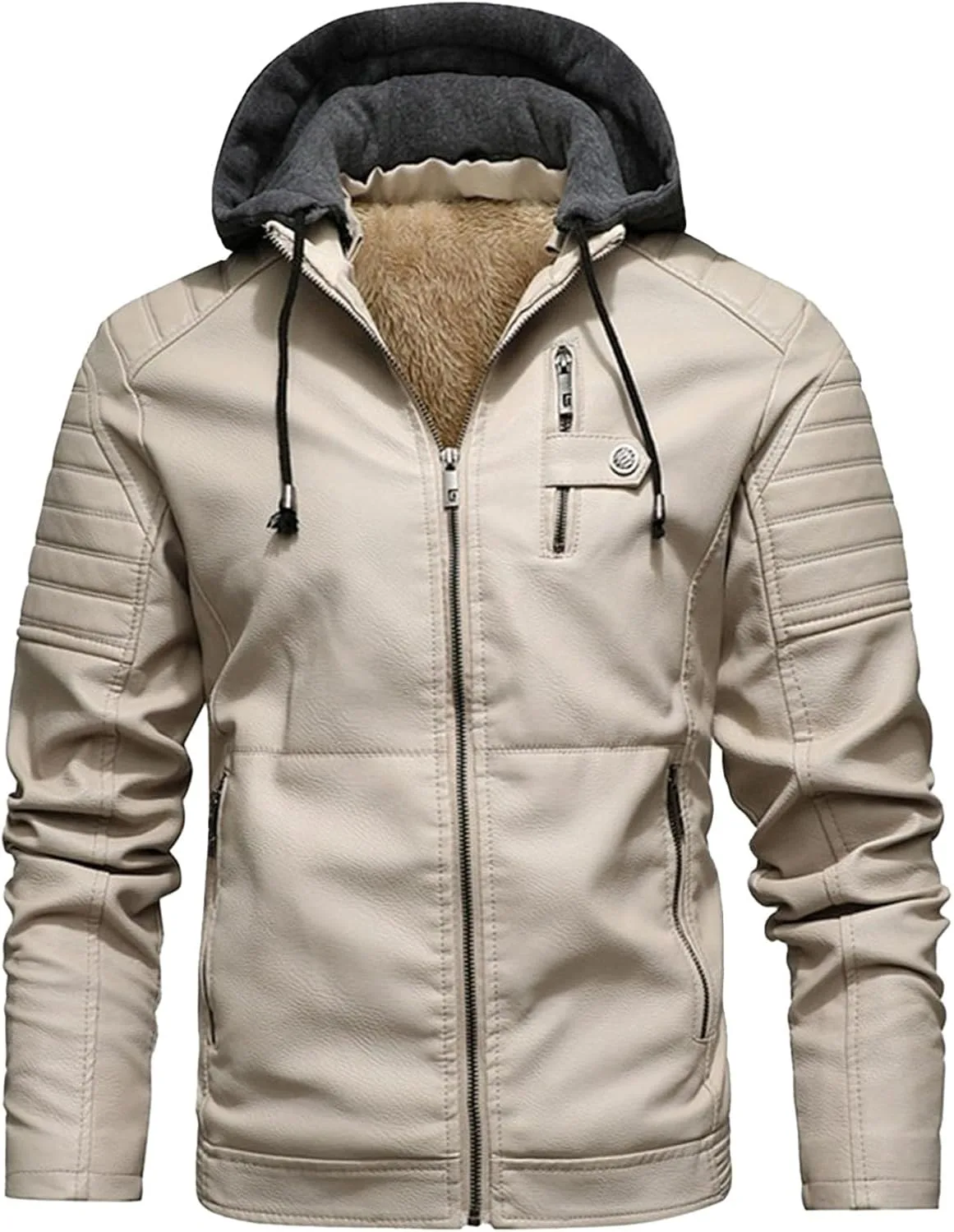 Мужская водонепроницаемая куртка-бомбер с капюшоном из искусственной кожи Vintage, съемный капюшон Generic, серый