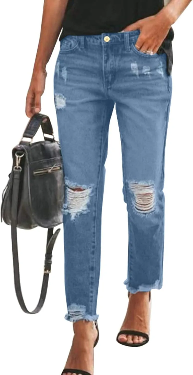 

Sidefeel Women's Boyfriend Jeans Stretchy Ripped Distressed Zimbaplatinum