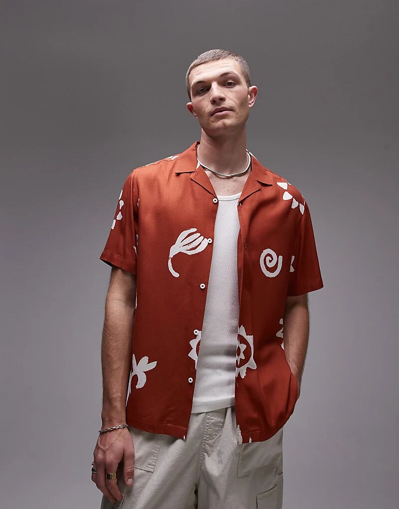 

Рубашка Topman свободного кроя с короткими рукавами и принтом солнца в выжженном красном цвете