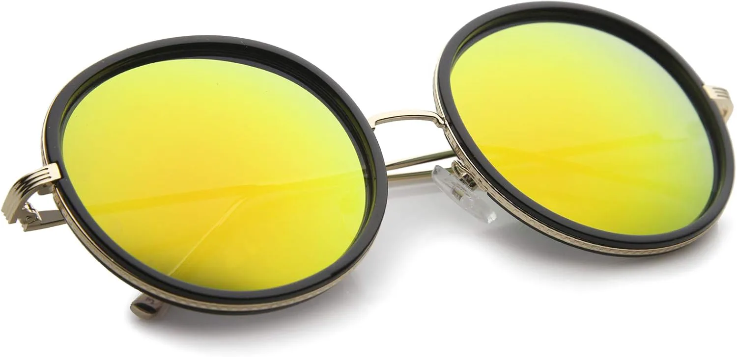 

Солнцезащитные очки zeroUV в стиле ретро с металлическими дужками и цветными зеркальными линзами, круглые, увеличенного размера, 53 мм, Black-gold / Yellow Mirror