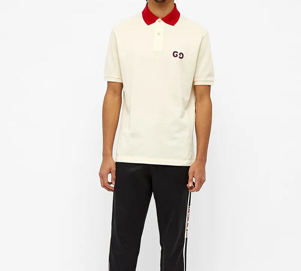 Футболка поло GUCCI Contrast Collar Logo Printed Polo Shirt For Men, бежевый — фото 3