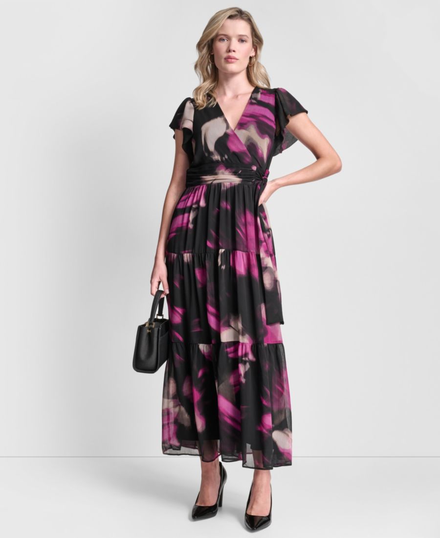 

Женское длинное платье с оборками, короткими рукавами и запахом DKNY, Black Multi