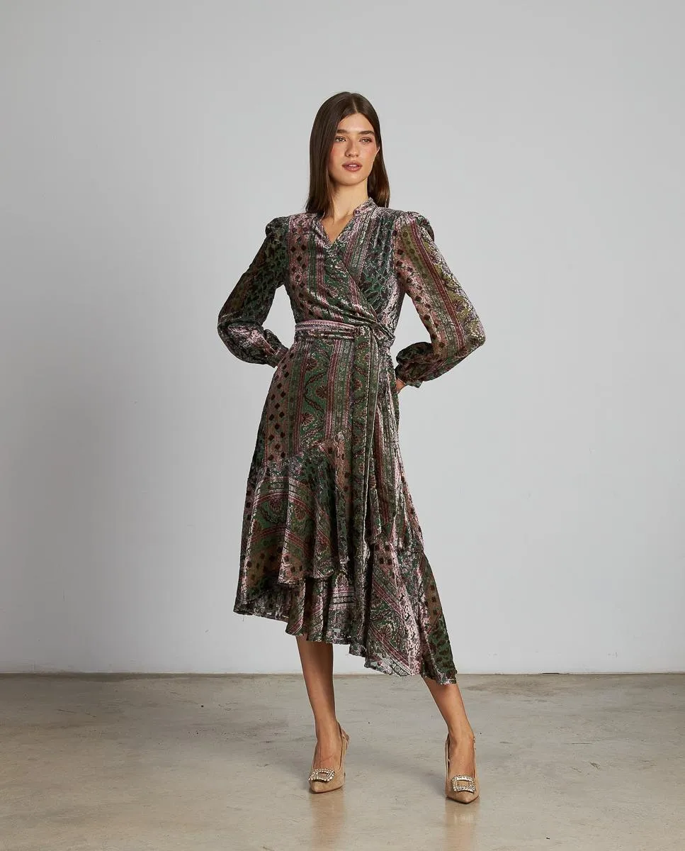 

Миди-платье из бархата с принтом, с оборками и завязанным на талии бантом Alma en Pena, мультиколор