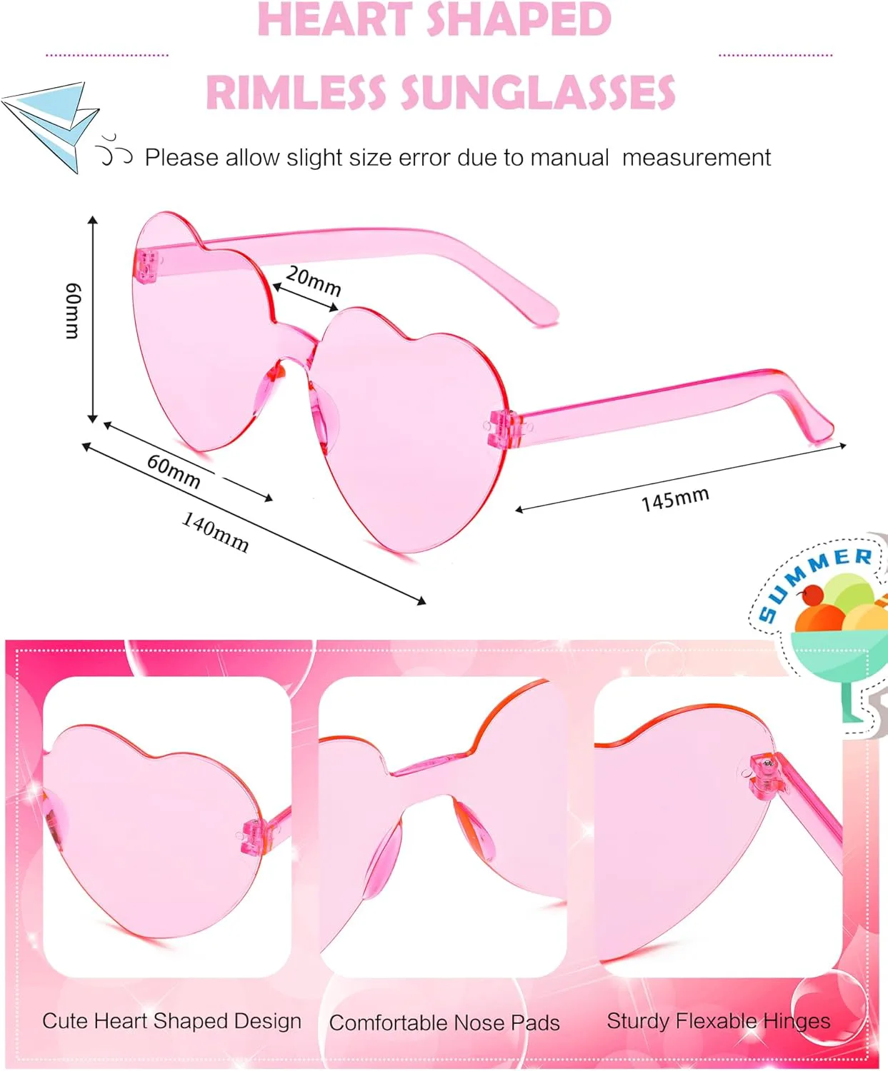 

20 пар солнцезащитных очков в форме сердца, оптом, красочные, без оправы, забавные солнцезащитные очки в форме сердца для женщин, сувениры для вечеринок YWL, Pink