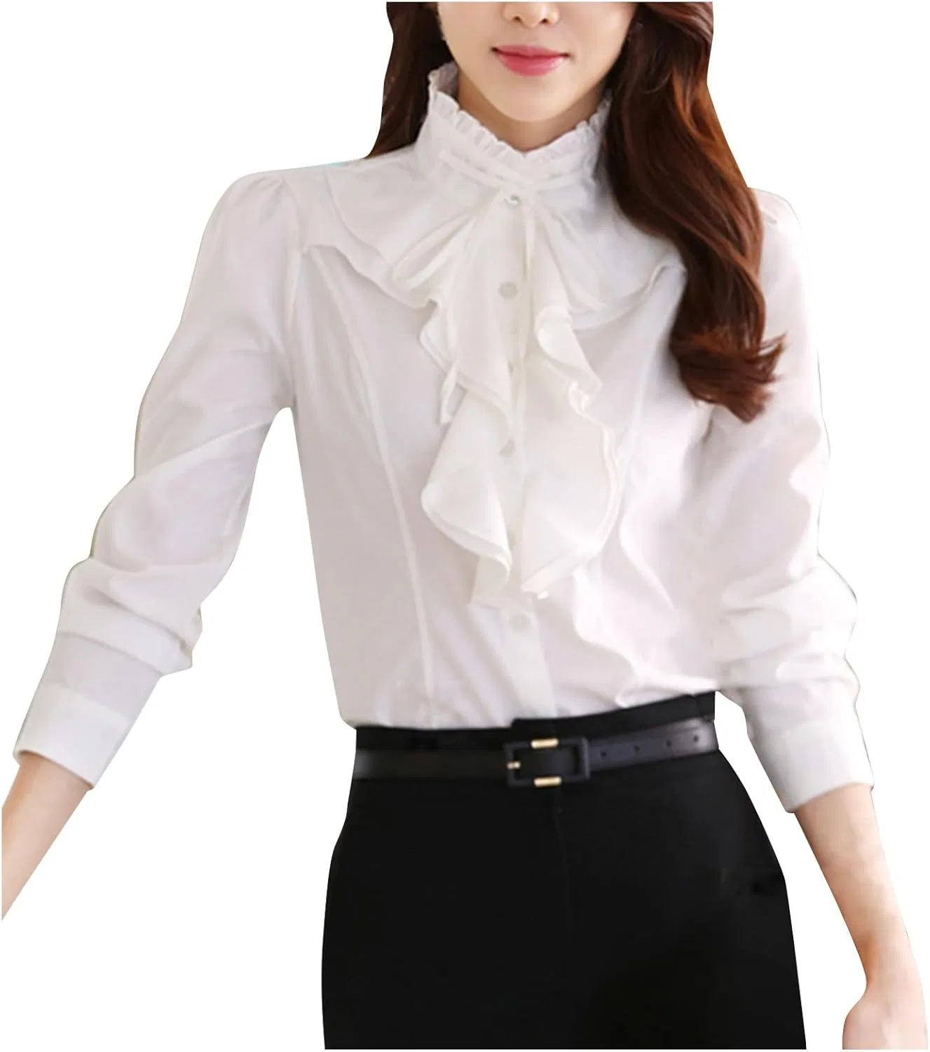 Блуза с воротником-стойкой, 4-way stretch, Korean Trend Stand Collar Shirt, белый