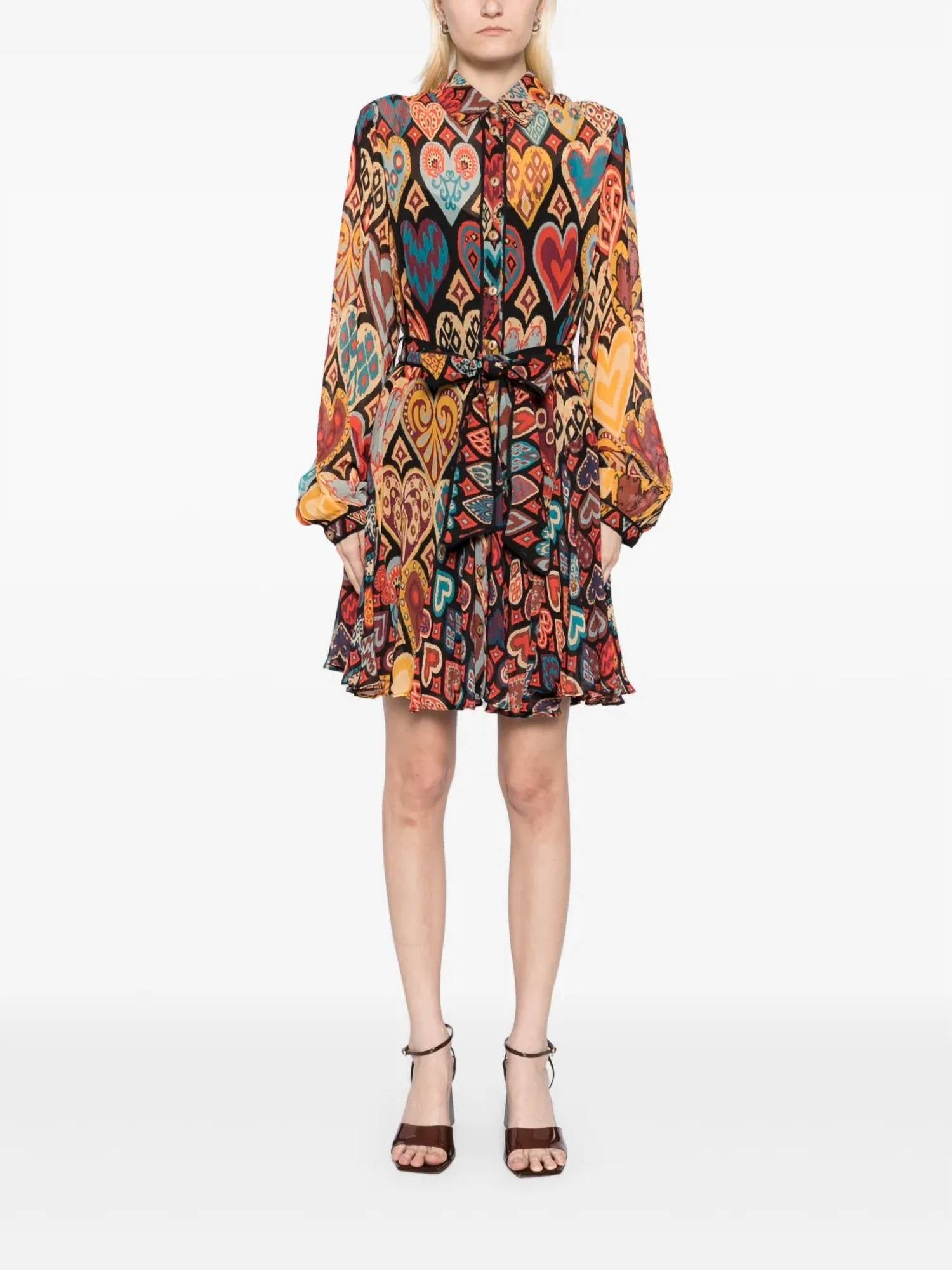 

FARM Rio Платье-рубашка мини с поясом, украшенное сердечками в технике икат, черное