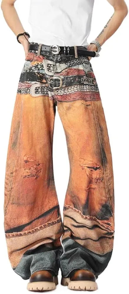 

Y2k unisex винтажные джинсы baggy с 3d принтом и потертостями GYPWRCR