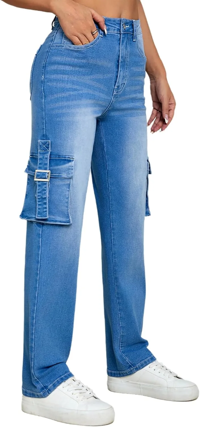 

Женские джинсы Mid Rise Cargo Casual с несколькими карманами, Stretch, Washed, Straight Leg TACSTRUN