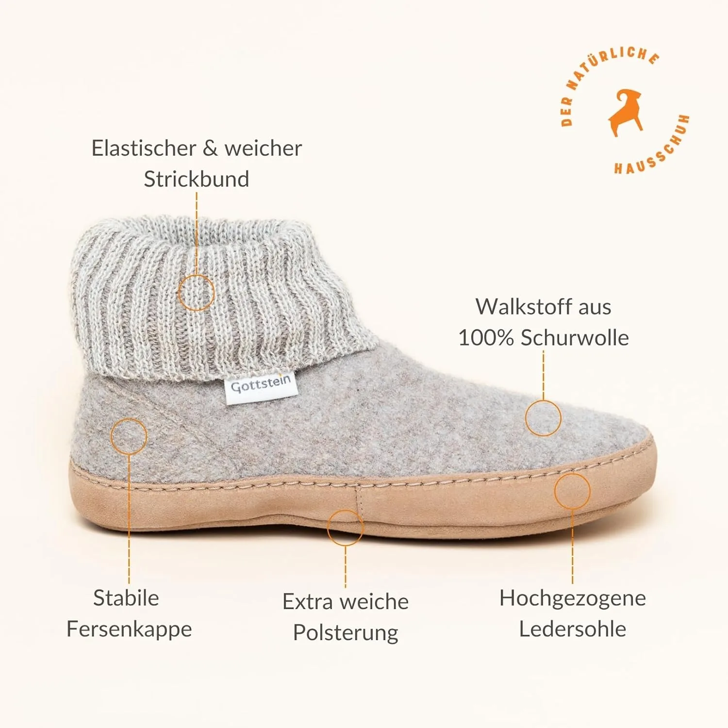 Новые шерстяные тапочки Gottstein Dakota Mulesing-Free Sheep - шерстяные тапочки для ручного труда. Мужские и женские, размер EU 36-47 - с высоким трикотажным поясом и мягкой кожаной подошвой, бежевый — фото 4