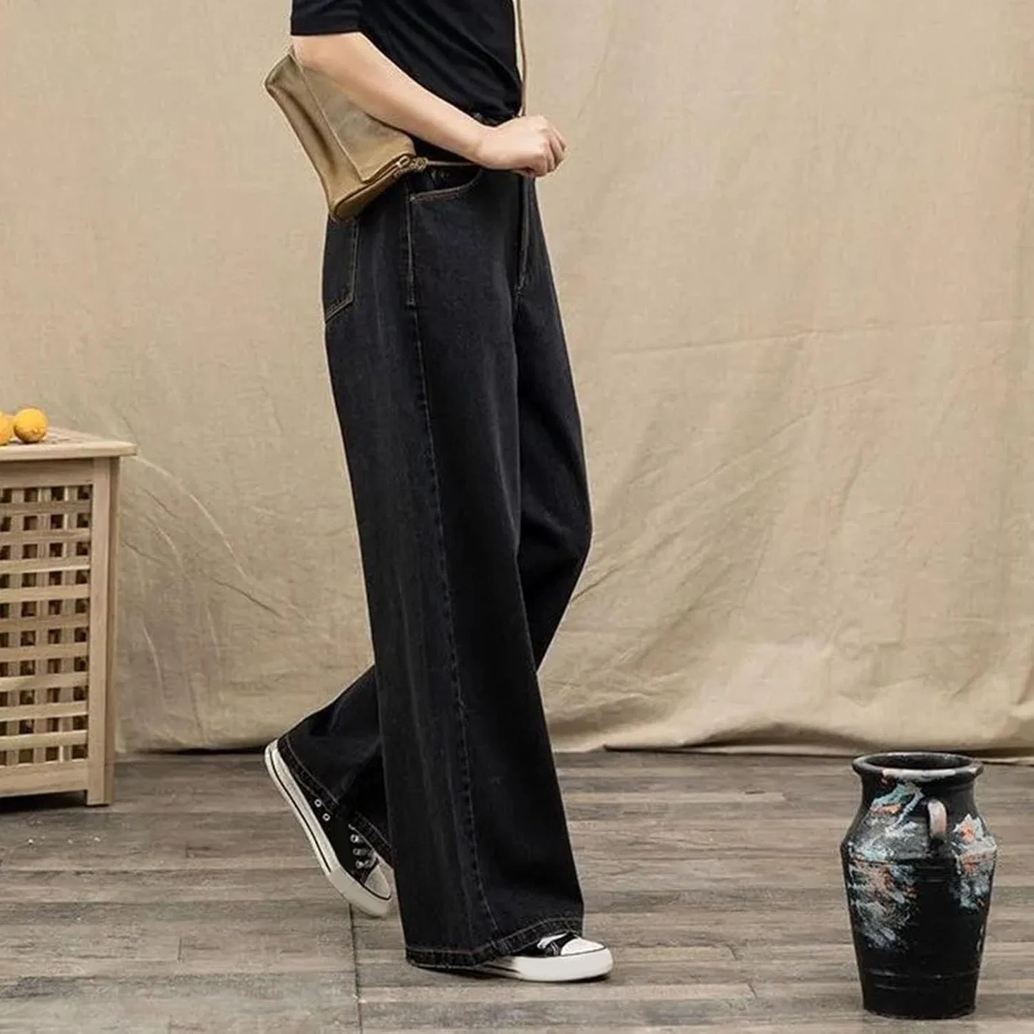 Женские флисовые джинсы Wide Leg с высокой талией, мешковатые, зимние, утепленные, повседневные, для холодной погоды Generic, черный — фото 2