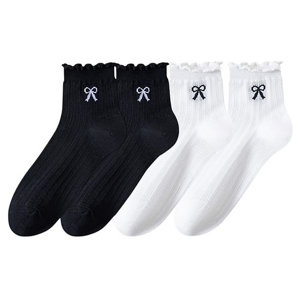 

Женские ажурные ребристые носки с рюшами и вышитым бантом, 4 пары Anna-Kaci, White Black