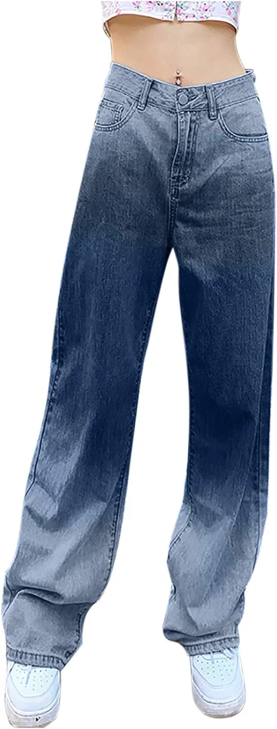 

Женские джинсы деним градиентные багги широкие стретч мид-лоу пояс винтаж y2k бойфренд стритвир