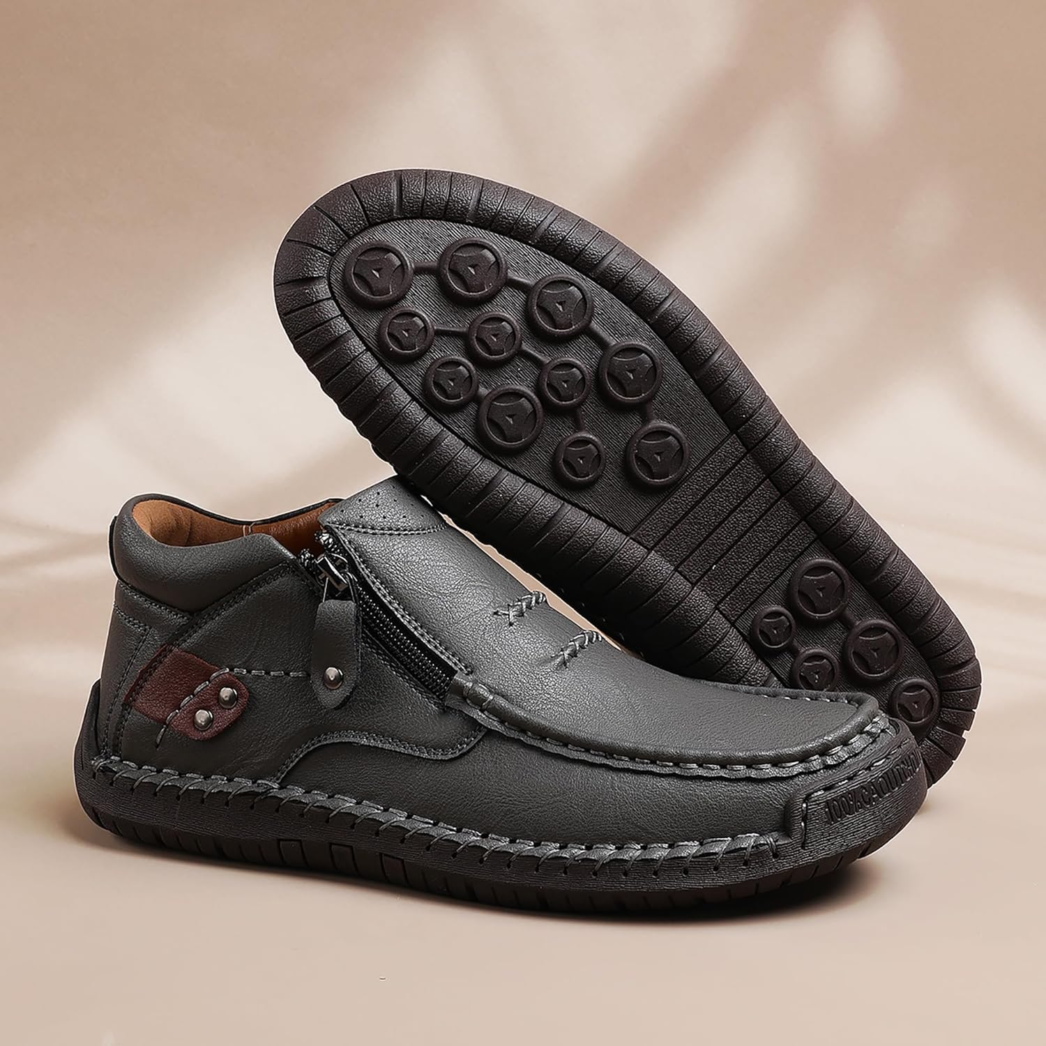 Мужские слипоны WOWSTICK с ручной прошивкой из кожи, легкие удобные повседневные туфли-лоферы, ботинки на щиколотку, серый — фото 3