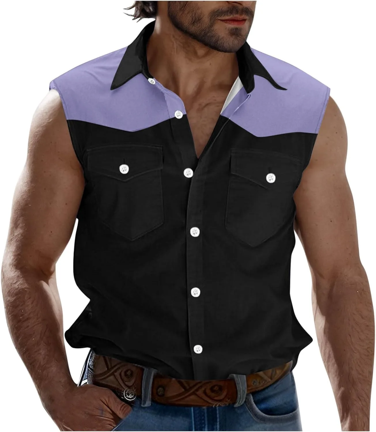 

Футболка без рукавов для мужчин Button Down Color Block с карманами Sdeycui