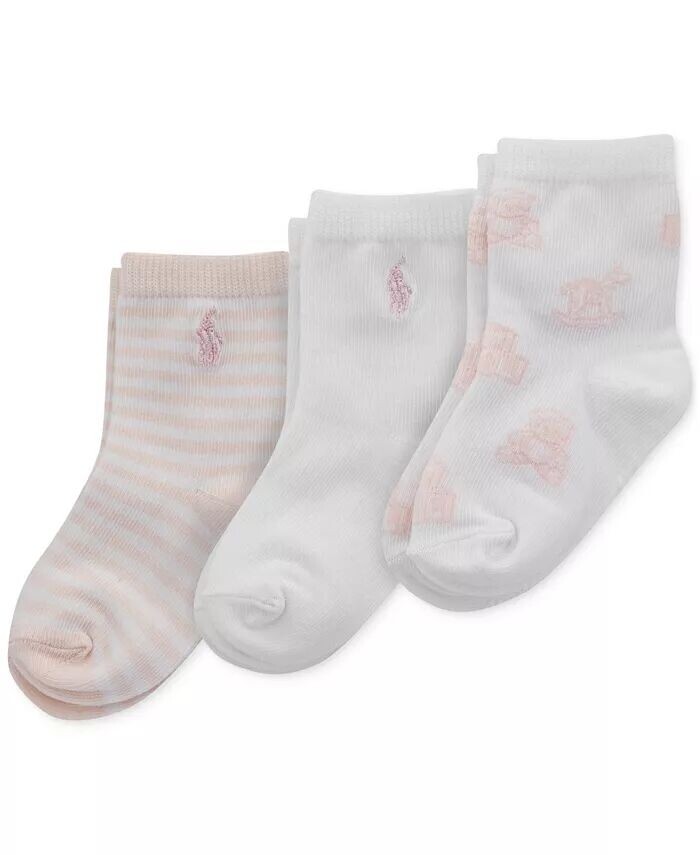 

Малыши для девочек, 3 шт. Брошенные носки с медведем Polo Ralph Lauren, розовый