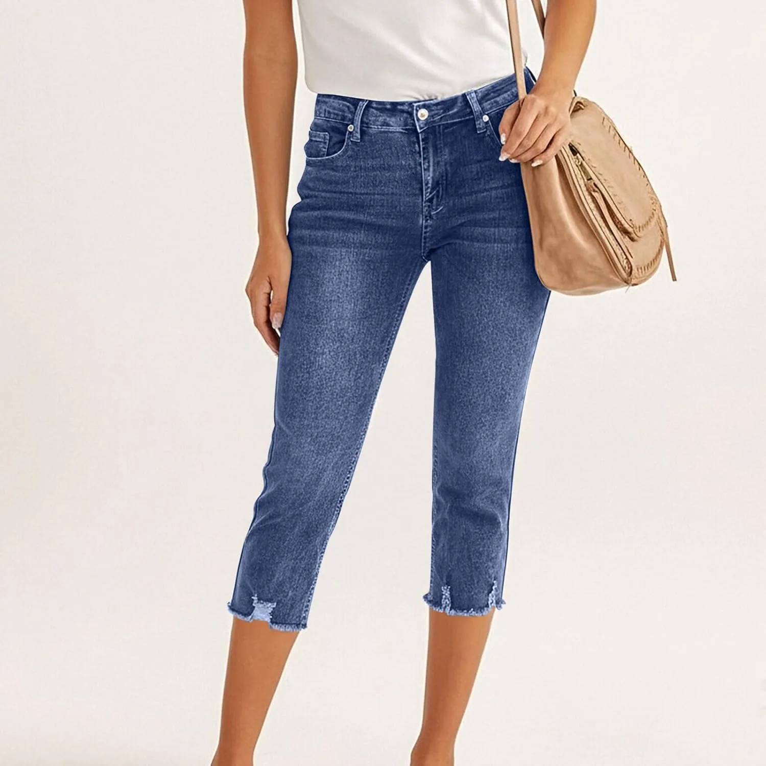 Женские джинсы с потертым краем High Waist Button Fly укороченные Stretch Slim Fit — фото 3