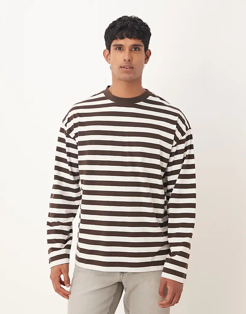 

Футболка свободного кроя с длинными рукавами ASOS DESIGN в коричнево-бежевую полоску