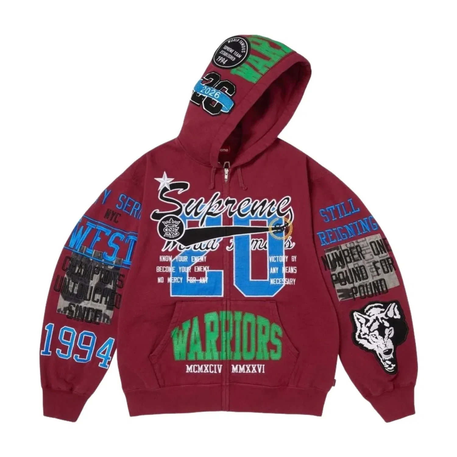 Толстовка Supreme SS26 Warriors с аппликацией и капюшоном на молнии, красный — фото 2