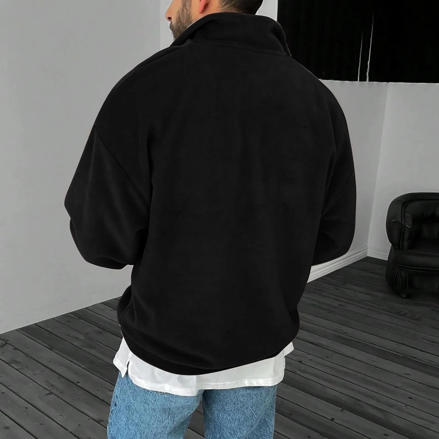 Толстовка Quarter Zip для мужчин, осень-зима, теплая, с длинными рукавами и воротником-стойкой — фото 3