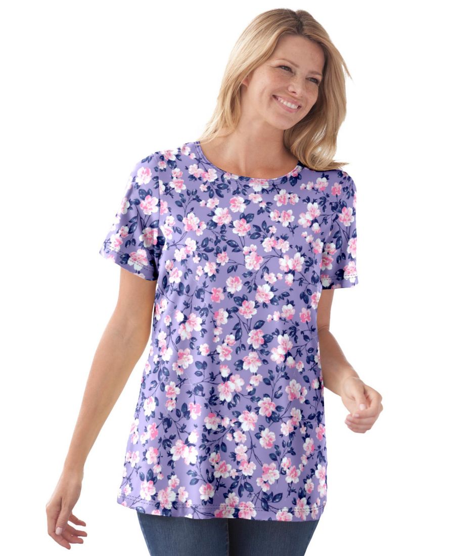

Женская футболка Within Tops & Tees с коротким рукавом и круглым вырезом, с принтом Woman Within, Soft iris blossom vine