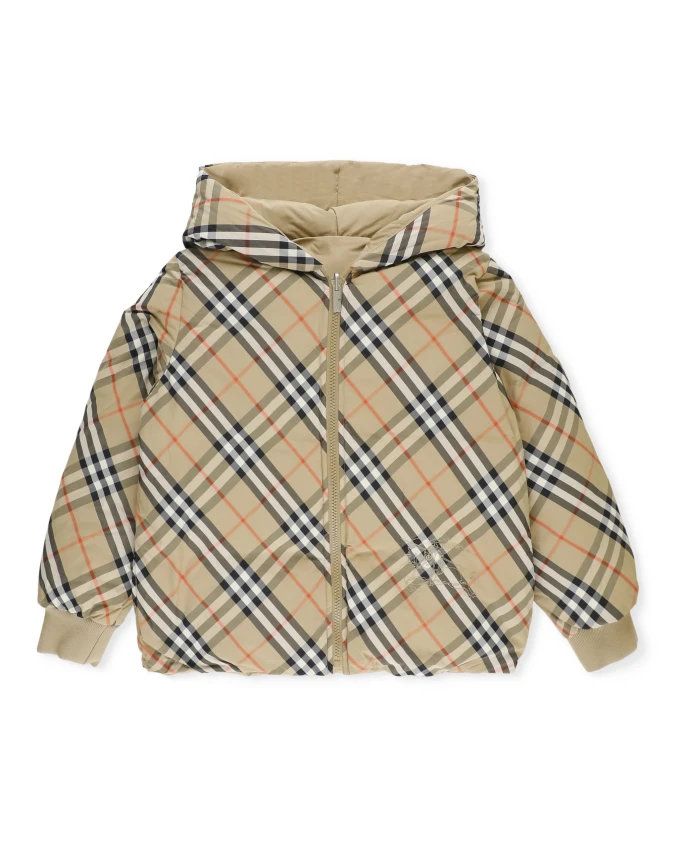 

Детский пуховик с капюшоном в клетку Burberry, бежевый