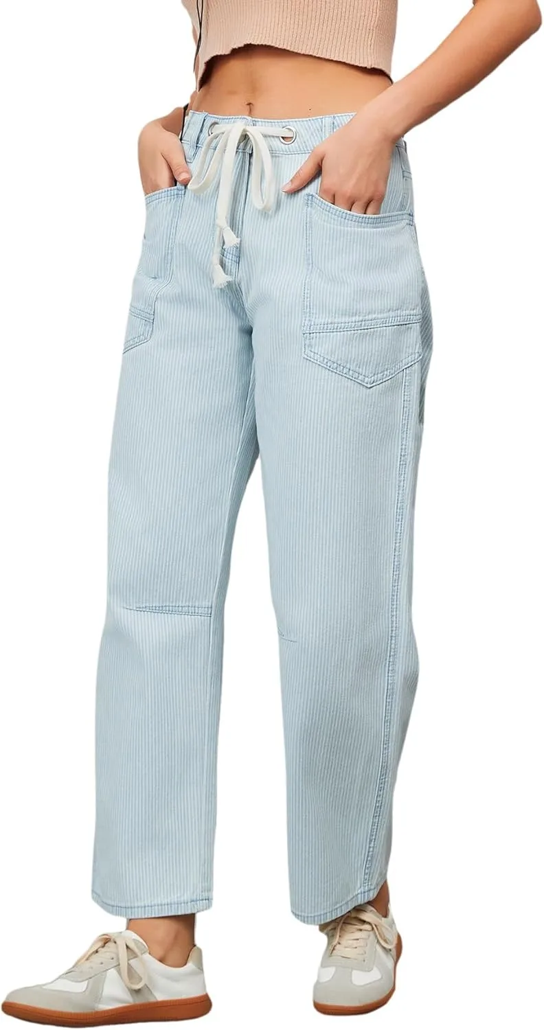 

Ladyful джинсы-бочонок в полоску, High Waisted, Baggy, Wide Leg, с Eyelet Drawstring